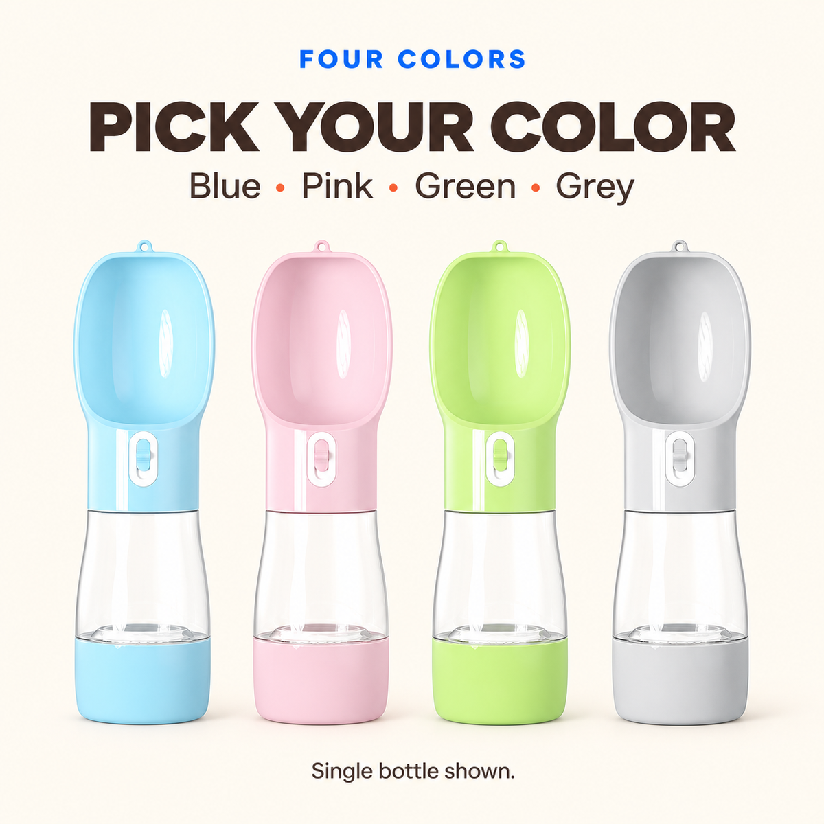 Blue, Pink, Green, and Grey portable pet water and food bottles shown as single-bottle color options.