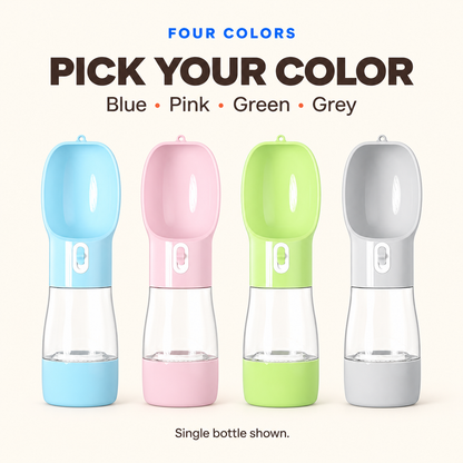 Blue, Pink, Green, and Grey portable pet water and food bottles shown as single-bottle color options.