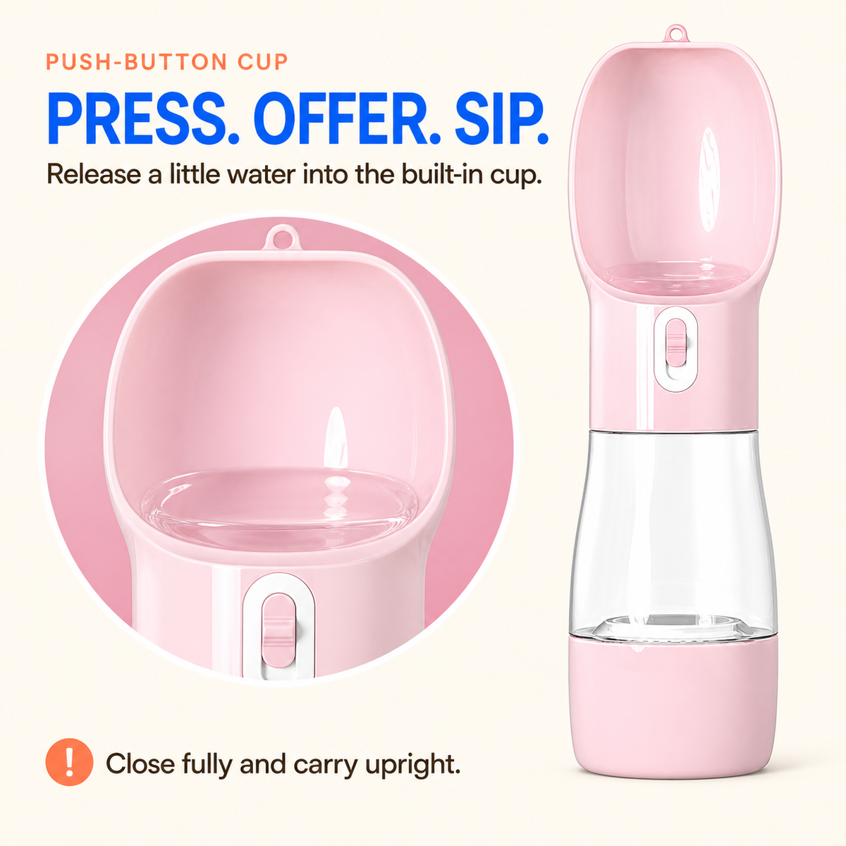 Pink portable pet bottle with a close-up of the push-button control and built-in drinking cup.