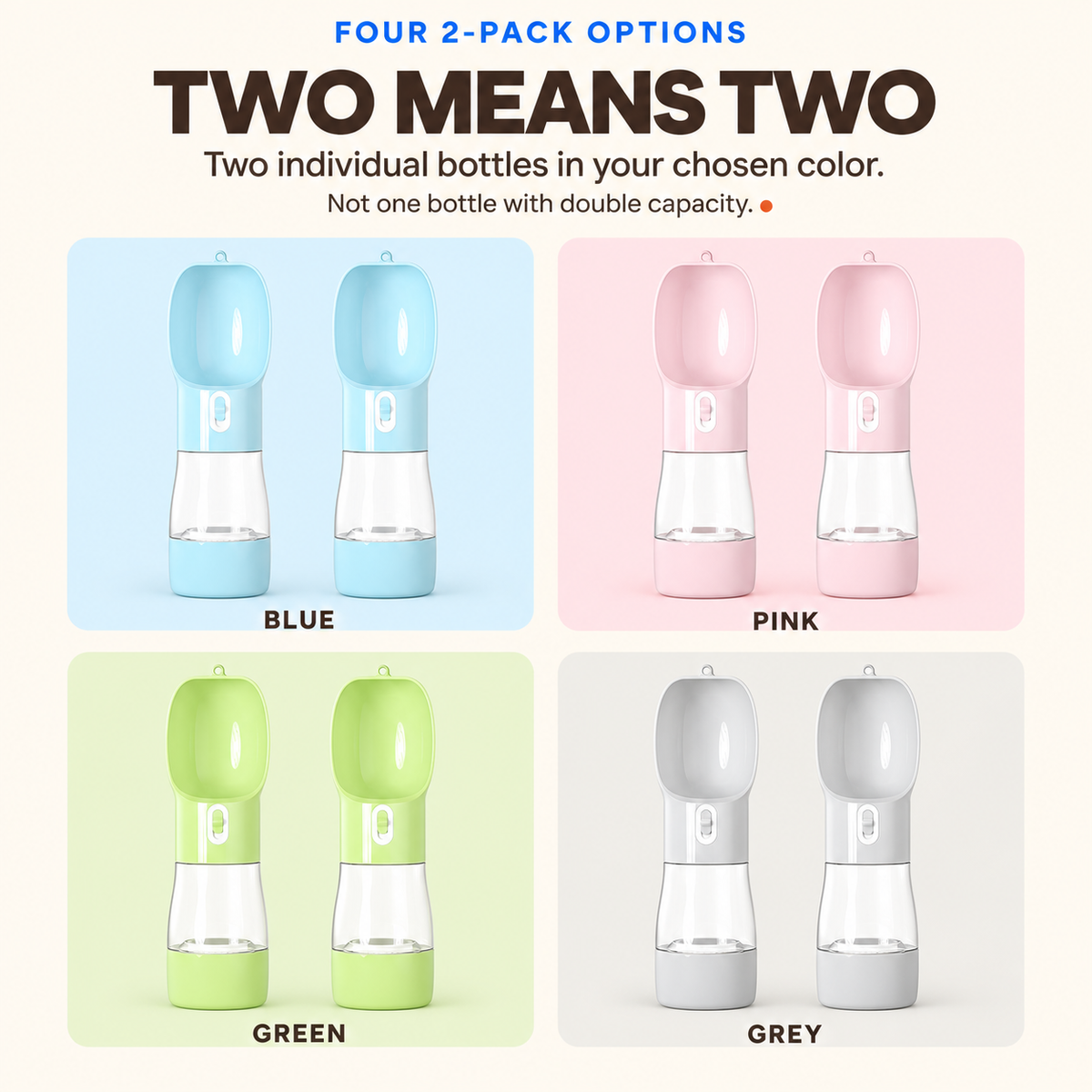 Blue, Pink, Green, and Grey two-pack options shown as two individual portable pet bottles per color.