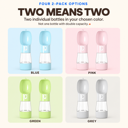 Blue, Pink, Green, and Grey two-pack options shown as two individual portable pet bottles per color.