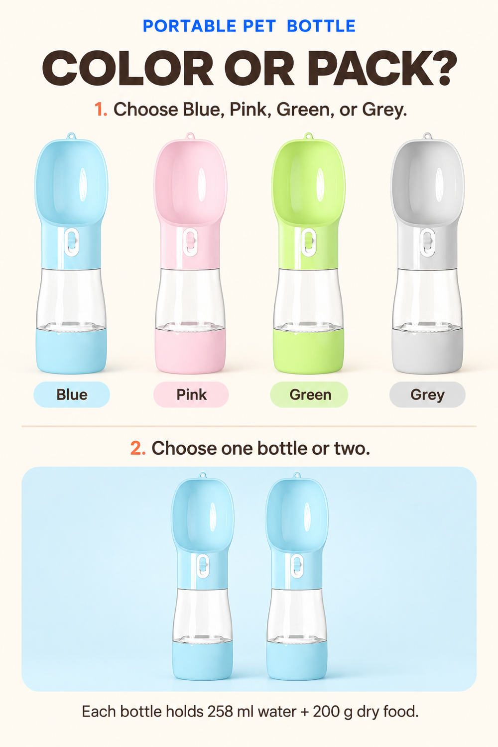 Choice guide comparing four portable pet bottle colors and single versus two-bottle packs.