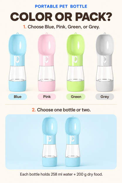 Choice guide comparing four portable pet bottle colors and single versus two-bottle packs.