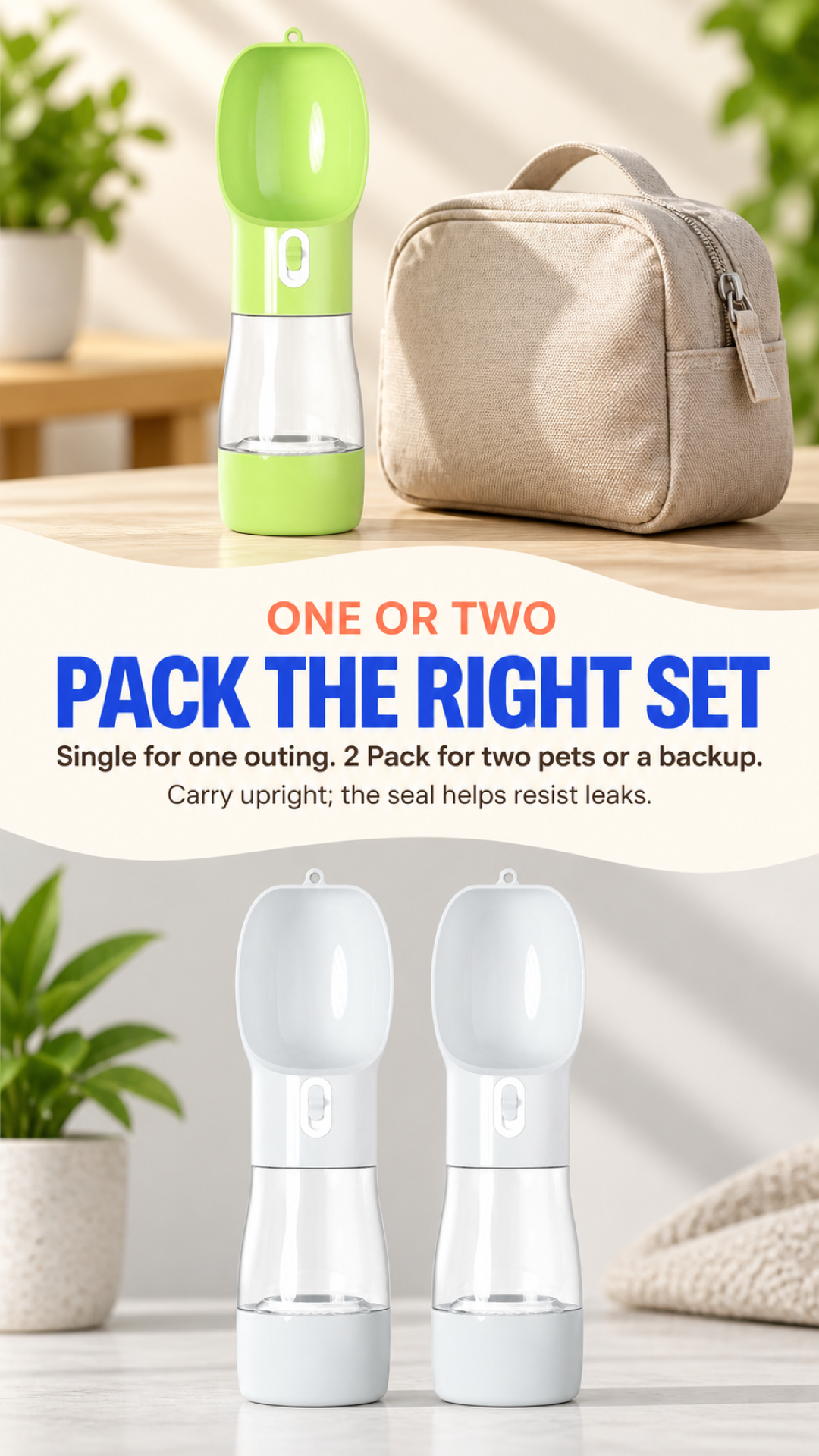 Green single portable pet bottle and two Grey bottles illustrating single and two-pack options.