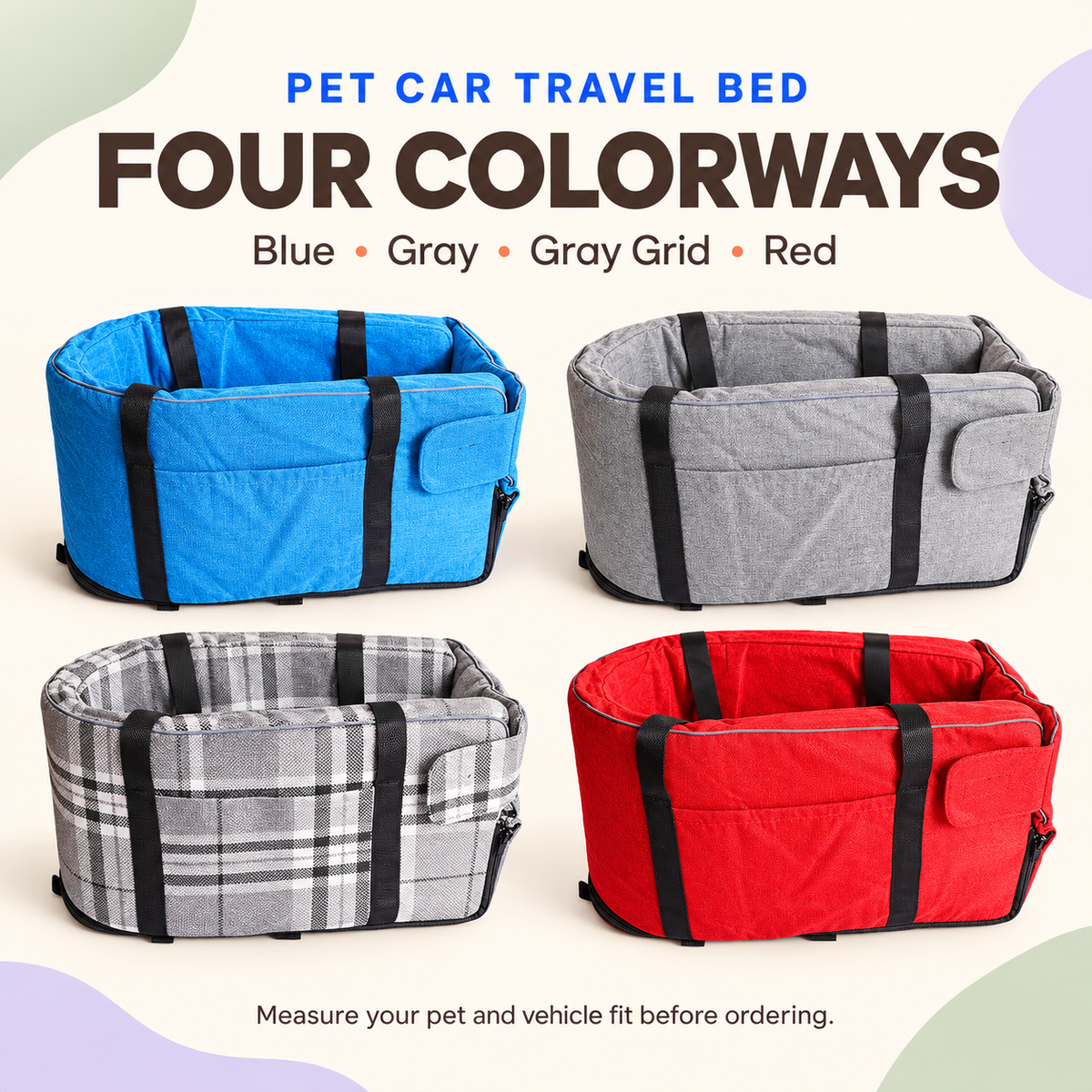 Blue, Gray, Gray Grid, and Red pet car travel beds shown together