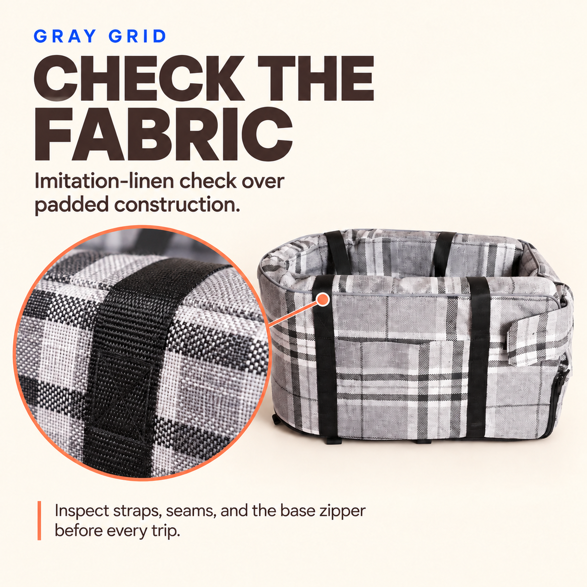 Gray Grid pet car travel bed with close-up of checked fabric and black strap