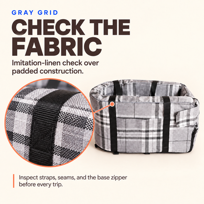 Gray Grid pet car travel bed with close-up of checked fabric and black strap