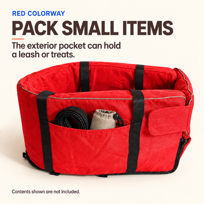 Red pet car travel bed with leash and treat pouch shown in the exterior pocket