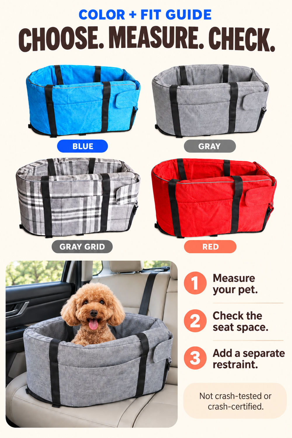 Color and fit guide for Blue, Gray, Gray Grid, and Red pet car travel beds