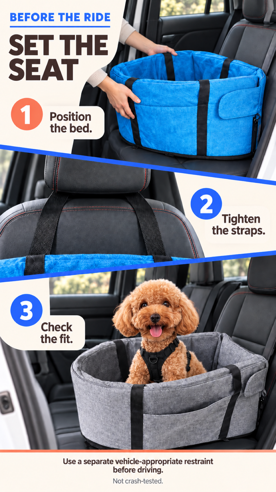 Three-step parked-car setup guide for a Blue and Gray pet car travel bed