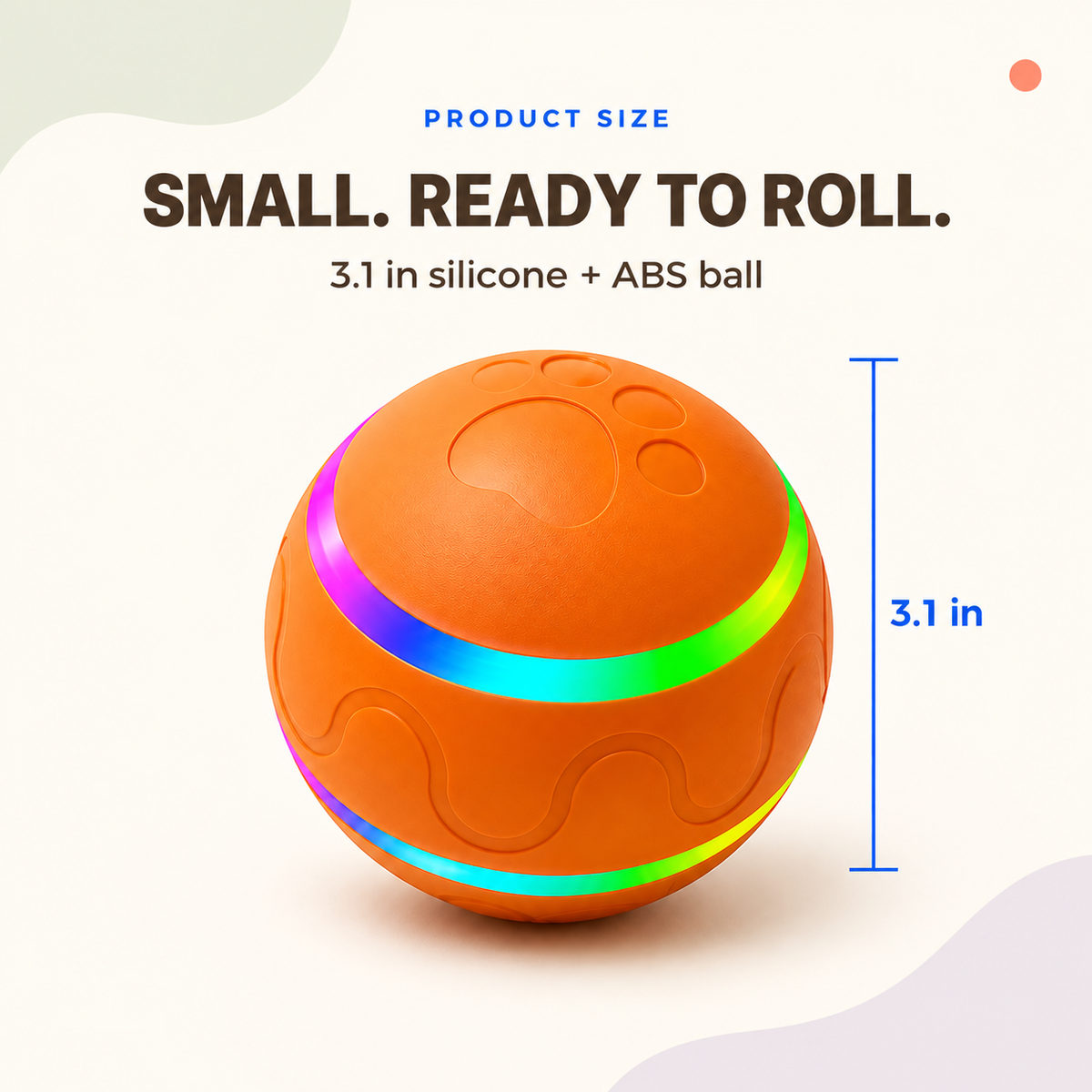 Orange automatic rotating cat ball with a 3.1 inch size guide