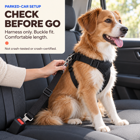 Dog wearing a body harness connected to a black car tether during a parked-car pre-drive check.