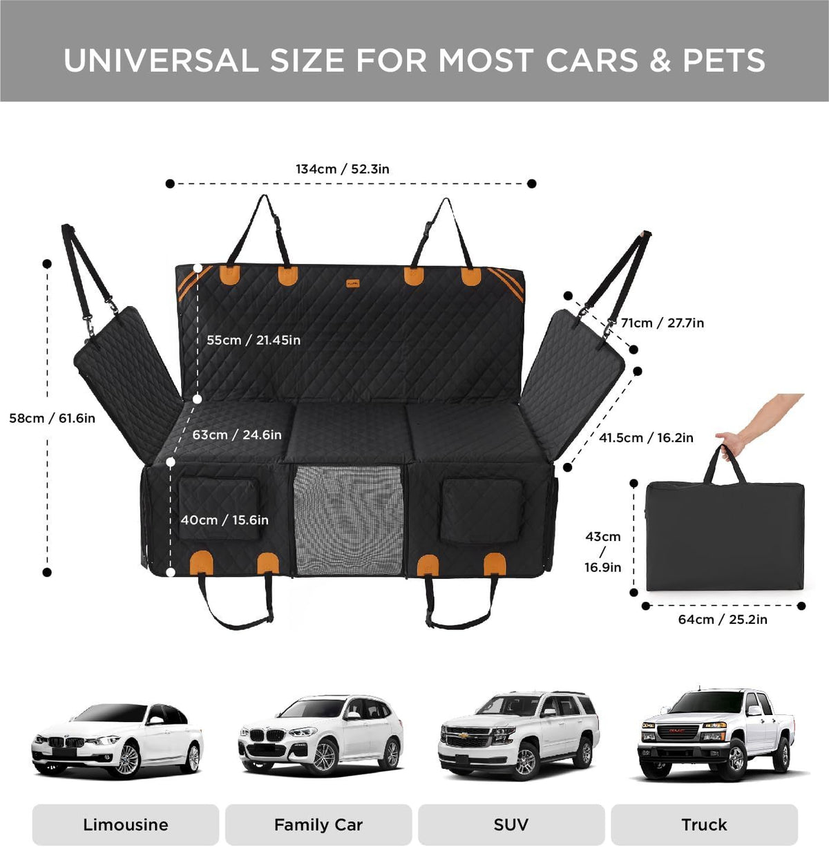 Dog car seat extender cover for rear bench and footwell
