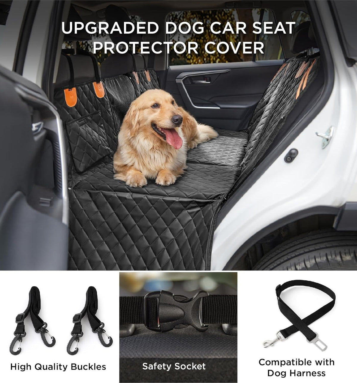 Hard-bottom pet car seat cover for wider back-seat space