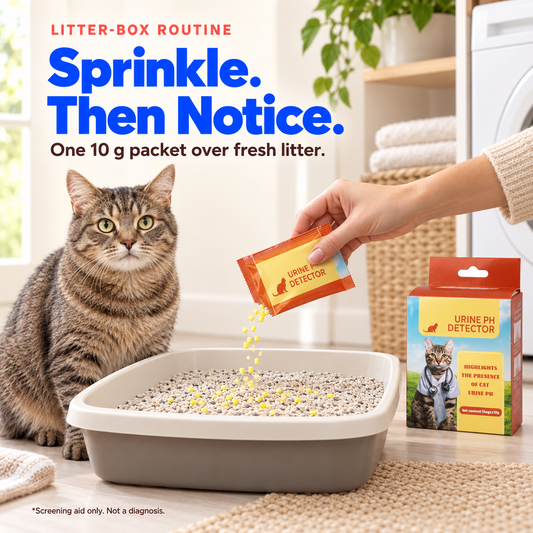 Cat litter pH indicator granules sprinkled from one 10 g packet over fresh litter beside a calm cat