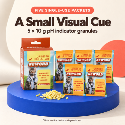 Five single-use 10 g cat litter pH indicator packets with the product box and yellow granules