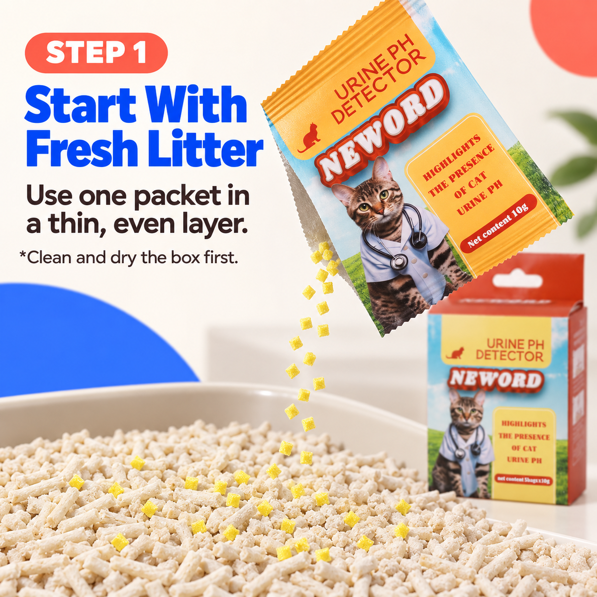Yellow cat litter pH indicator granules sprinkled in a thin layer over fresh dry litter