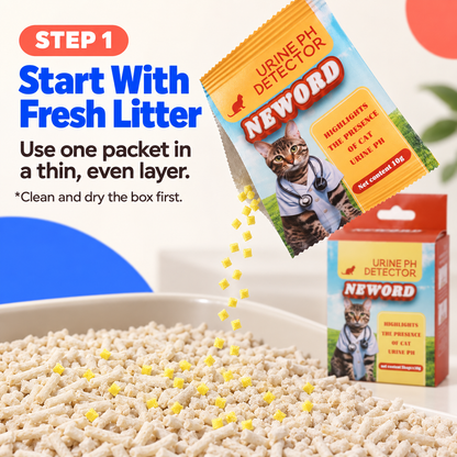 Yellow cat litter pH indicator granules sprinkled in a thin layer over fresh dry litter