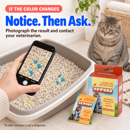 Caregiver photographs turquoise color-reacted indicator granules before contacting a veterinarian
