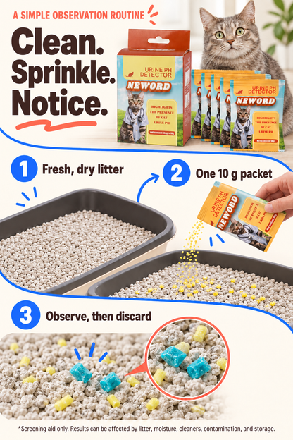 Three-step guide to clean litter, sprinkle one pH indicator packet, observe, and discard