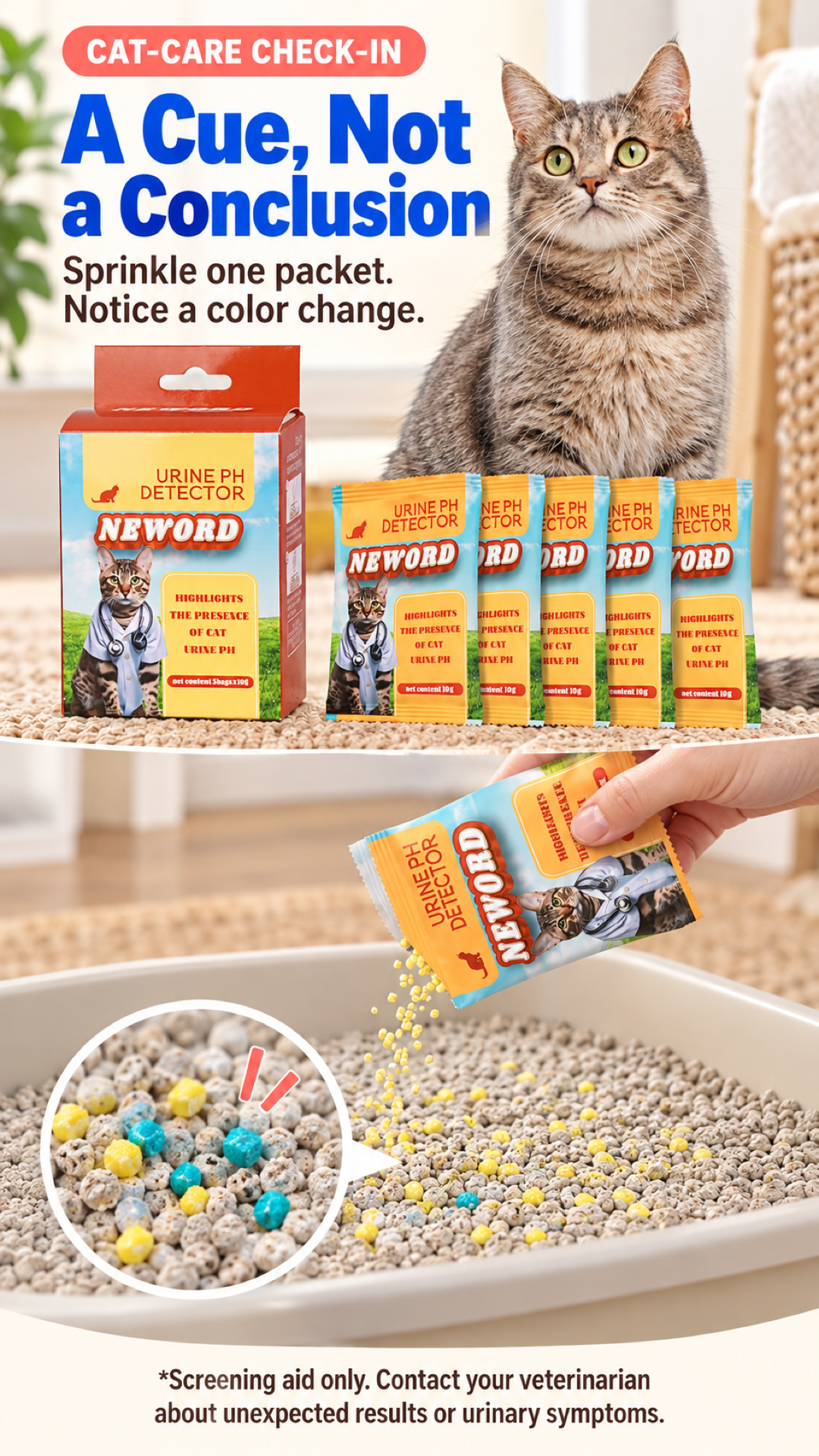 Cat care check-in with five pH indicator packets, fresh litter application, and color reaction