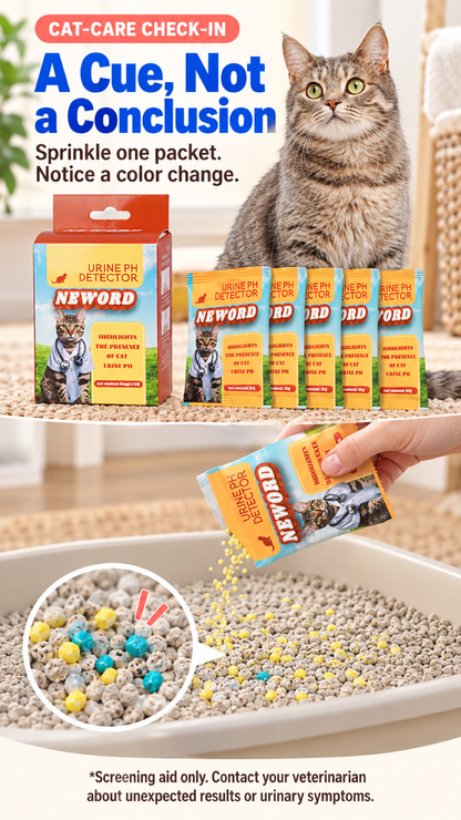 Cat care check-in with five pH indicator packets, fresh litter application, and color reaction