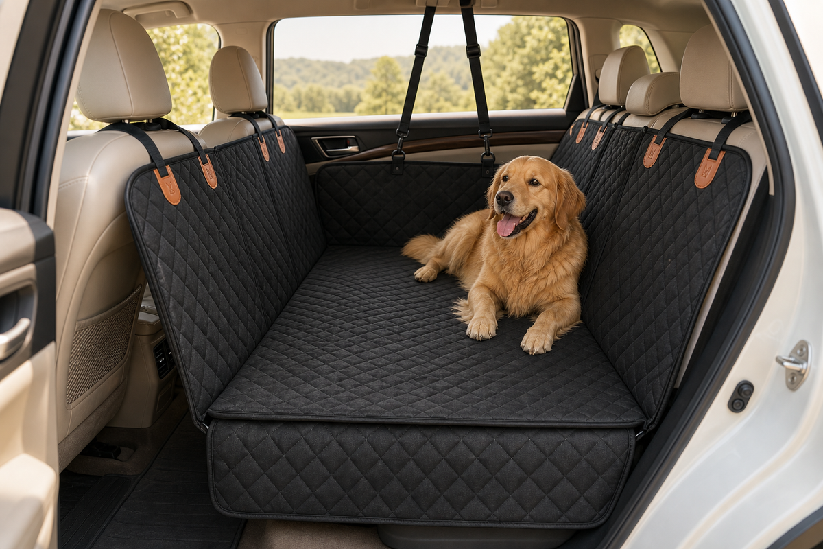 Golden retriever resting on the Lunna hard-bottom dog car seat extender in a modern SUV