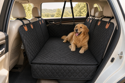 Golden retriever resting on the Lunna hard-bottom dog car seat extender in a modern SUV