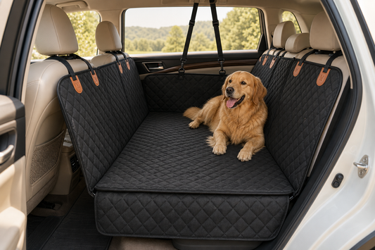 Golden retriever resting on the Lunna hard-bottom dog car seat extender in a modern SUV