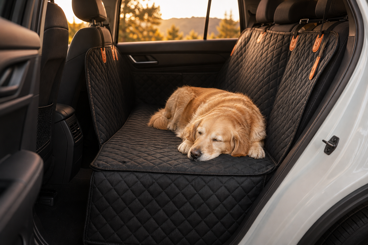 Golden retriever resting peacefully on the Lunna hard-bottom dog car seat extender
