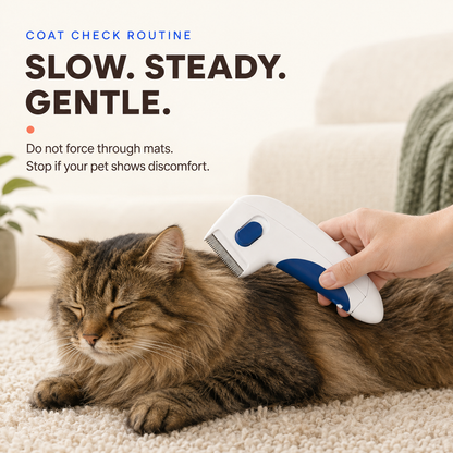 Long-haired tabby cat receiving a slow coat check with a white and blue electric pet comb.