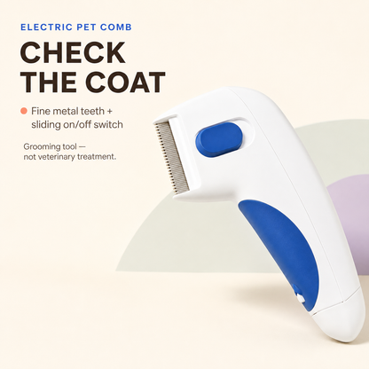 White and blue electric pet comb with fine metal teeth and a sliding on-off switch.