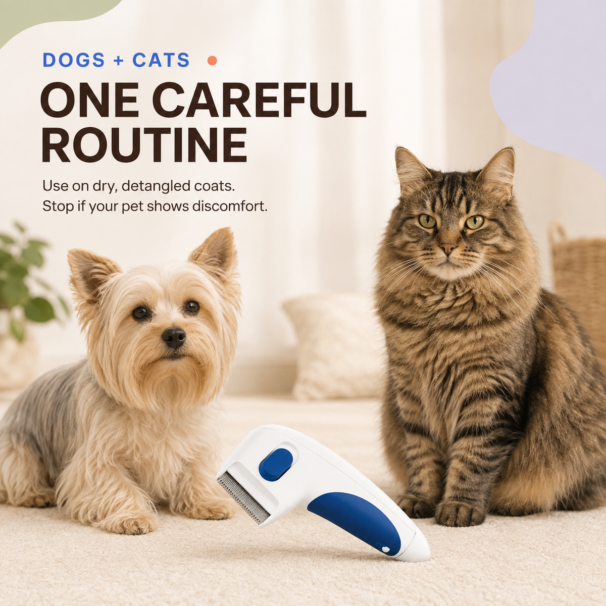 White and blue electric pet comb shown beside a small dog and a long-haired tabby cat.