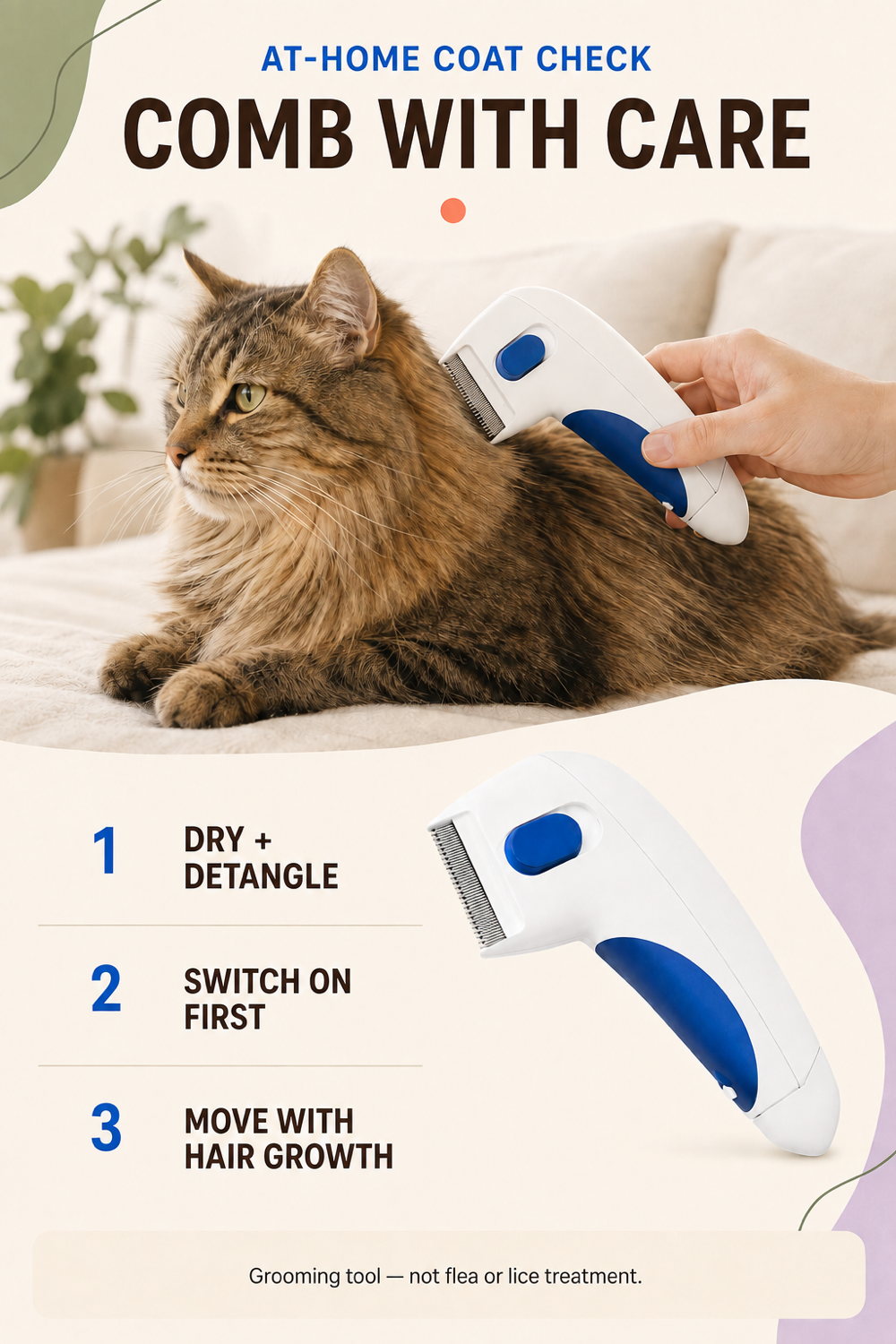 Vertical coat-check guide showing three careful steps for using the white and blue electric pet comb.