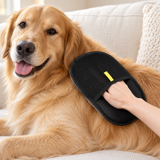 A hand wearing a black mesh grooming mitt with a yellow tab gently strokes a golden retriever on a cream sofa.