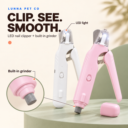 White and pink Lunna Pet Co LED pet nail clippers with lights on, exposed built-in grinder and enlarged grinder detail. Clip. See. Smooth.