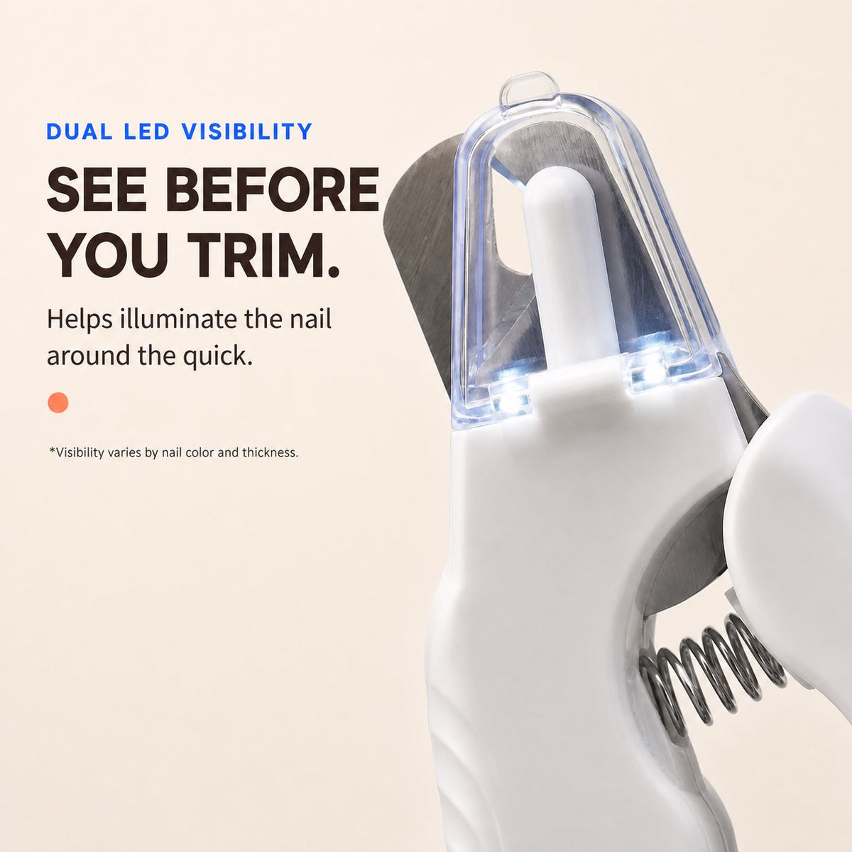 Close-up of dual LEDs around the LED pet nail clipper blade with visibility guidance
