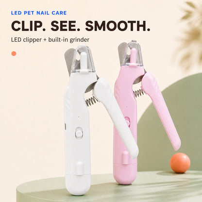 White and pink LED pet nail clippers with text explaining LED clipping and built-in grinding
