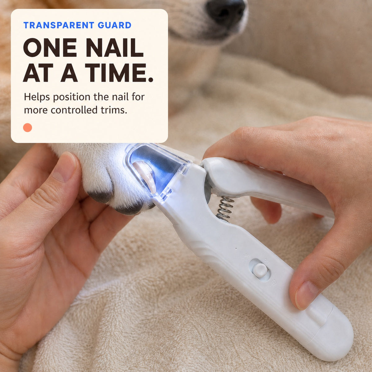 LED pet nail clipper positioning one dog nail inside the transparent guard