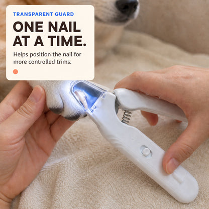 LED pet nail clipper positioning one dog nail inside the transparent guard