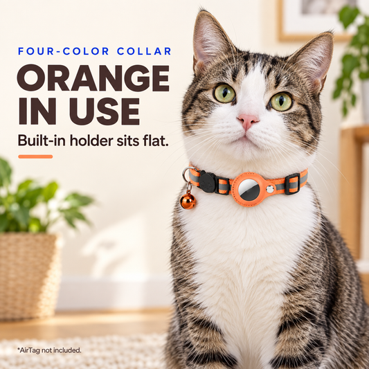Tabby cat wearing the Orange reflective AirTag holder collar indoors; AirTag not included.