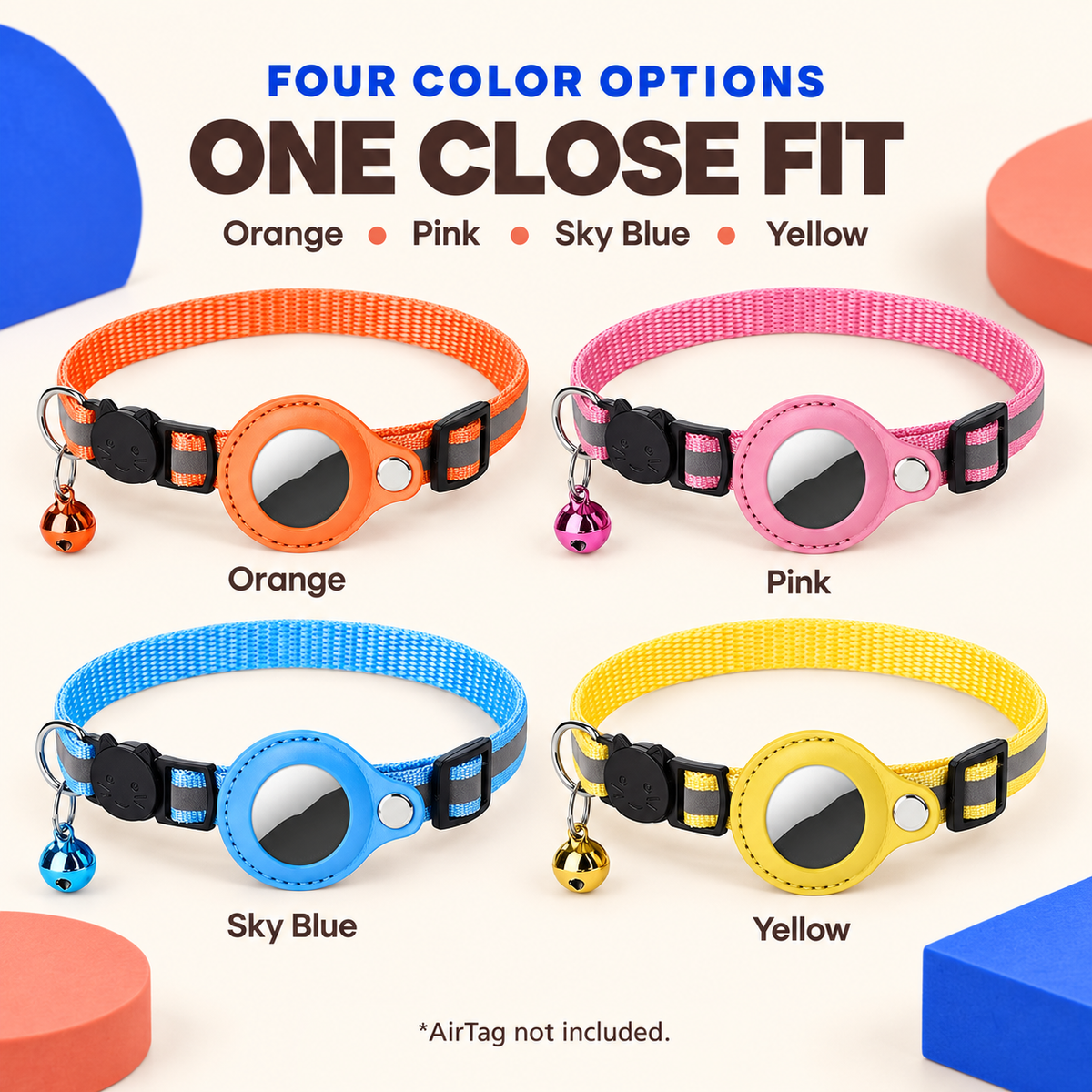 Orange, Pink, Sky Blue, and Yellow reflective AirTag holder pet collars shown together.