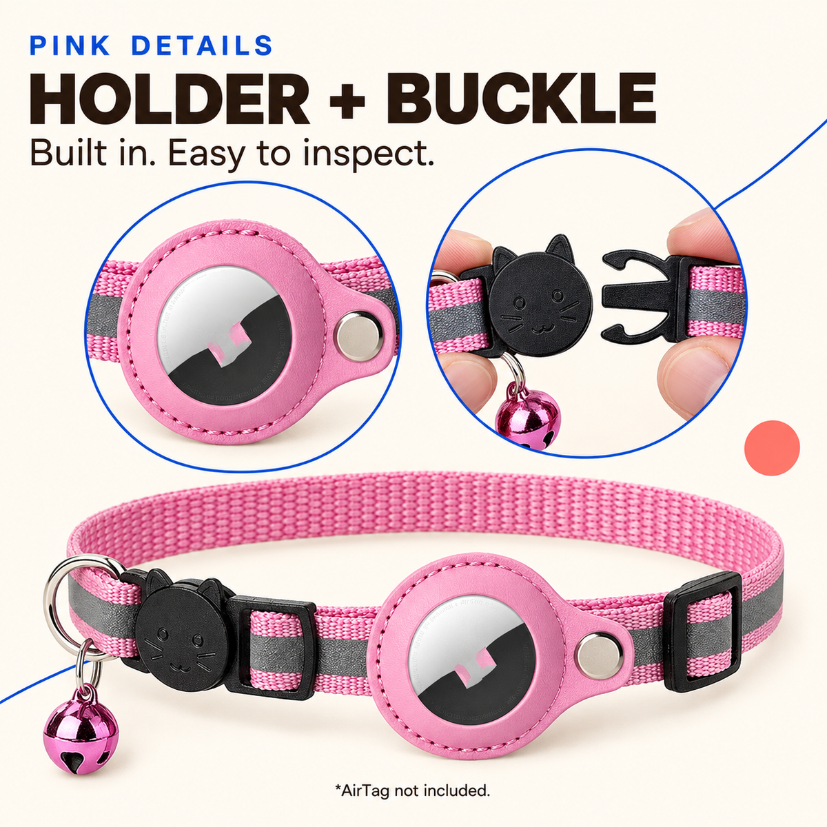 Pink reflective AirTag holder collar with close-ups of the integrated holder and breakaway buckle.