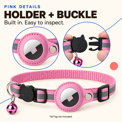 Pink reflective AirTag holder collar with close-ups of the integrated holder and breakaway buckle.