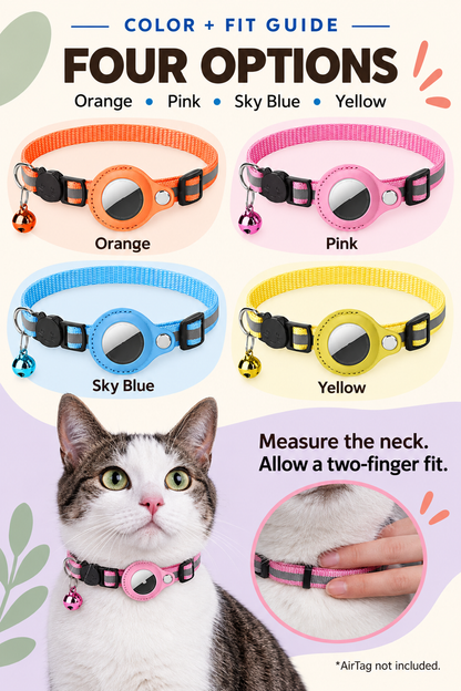 Color and fit guide for Orange, Pink, Sky Blue, and Yellow reflective AirTag holder collars.