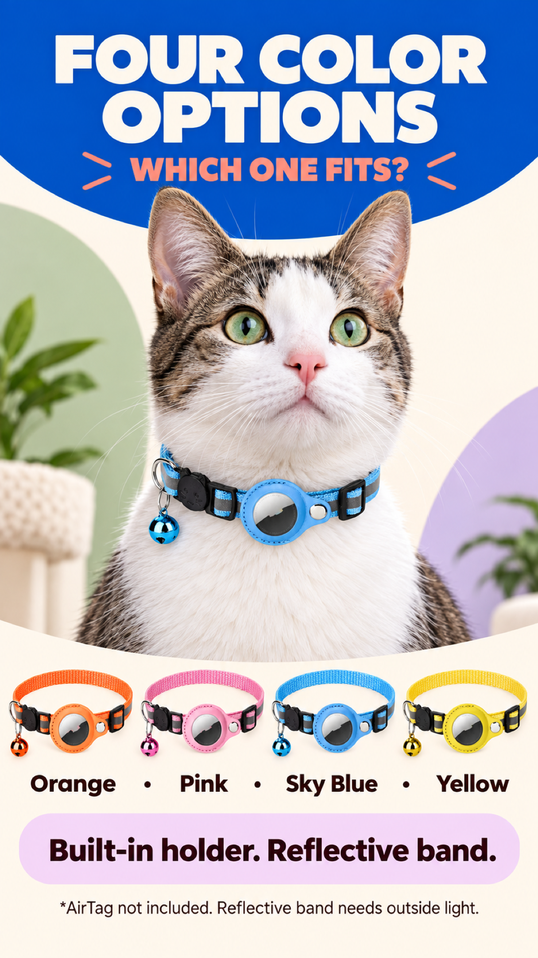 Vertical guide showing a cat in Sky Blue and all four reflective AirTag holder collar colors.