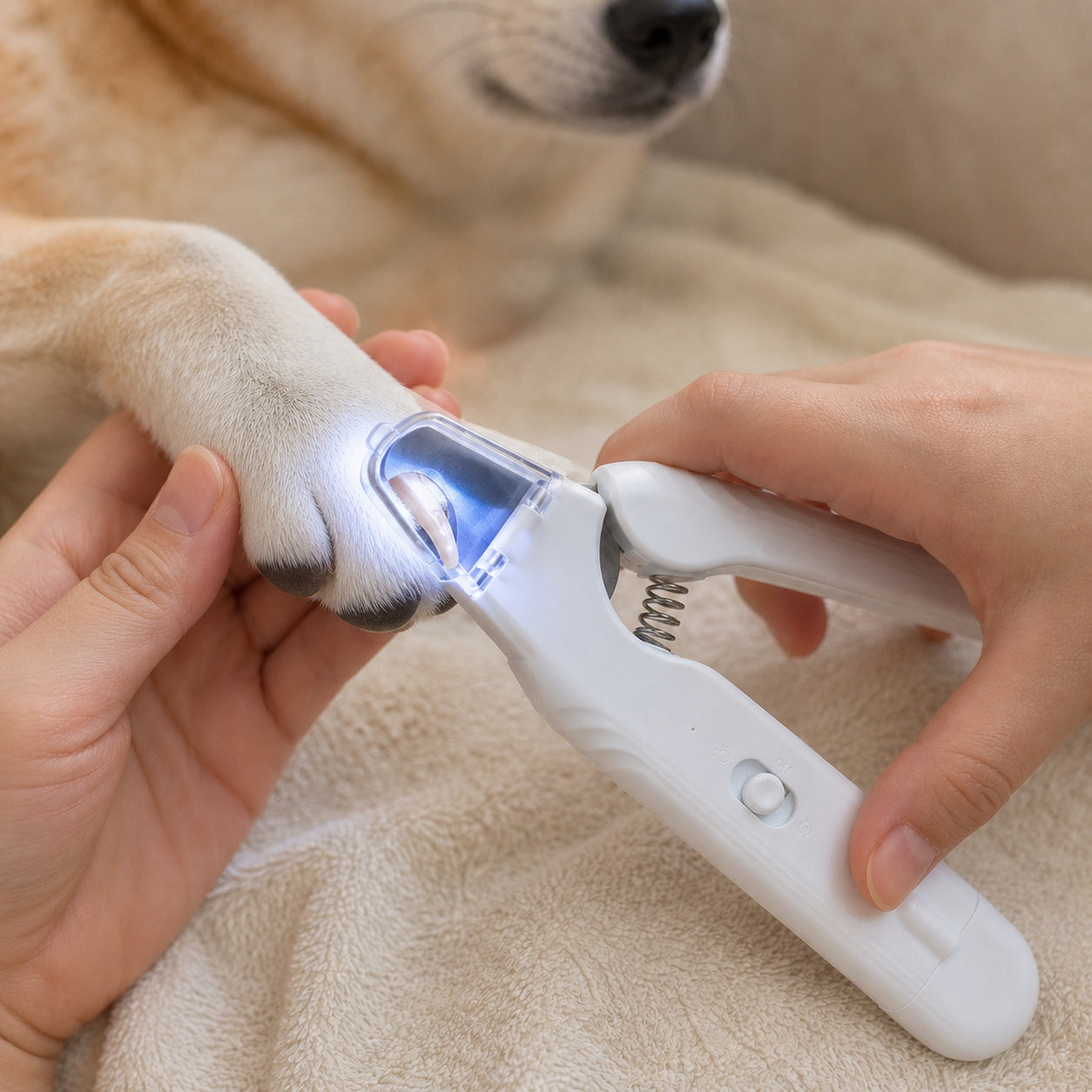 LED pet nail clipper positioned around one dog nail while the other toes remain outside the guard